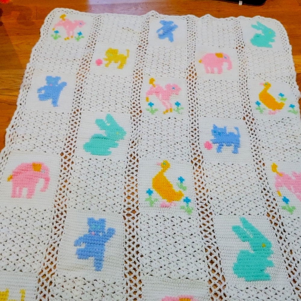 Vintage Baby Crochet Quilt with animals
